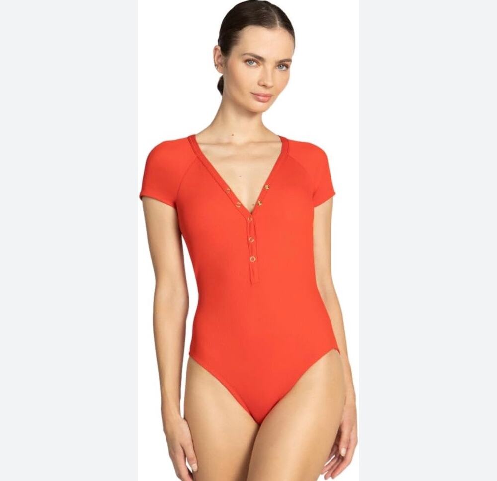 Robin Piccone Size 6 Amy Raglan One Piece Swimsuit Orange Nylon Blend Ribbed